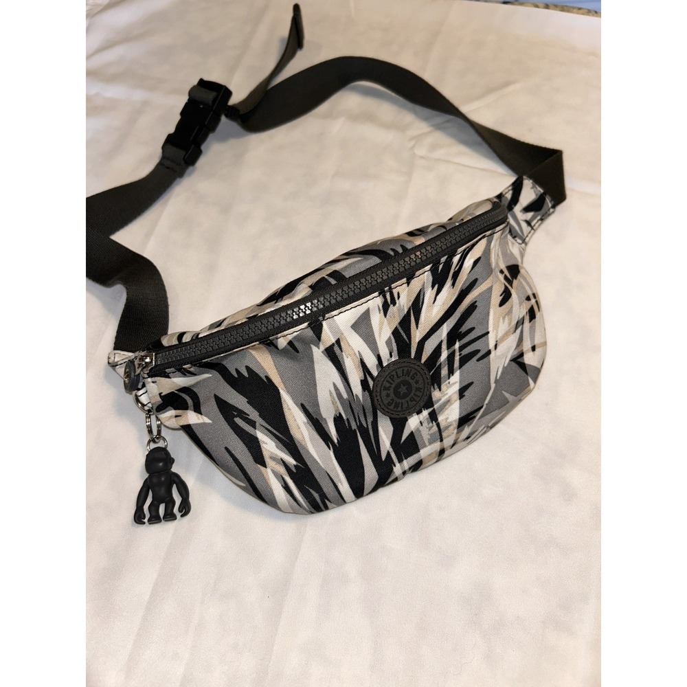 Kipling Nylon Black/Tan/White/Grey Geometric Fanny Pack Waist Bag W/ Grey Monkey